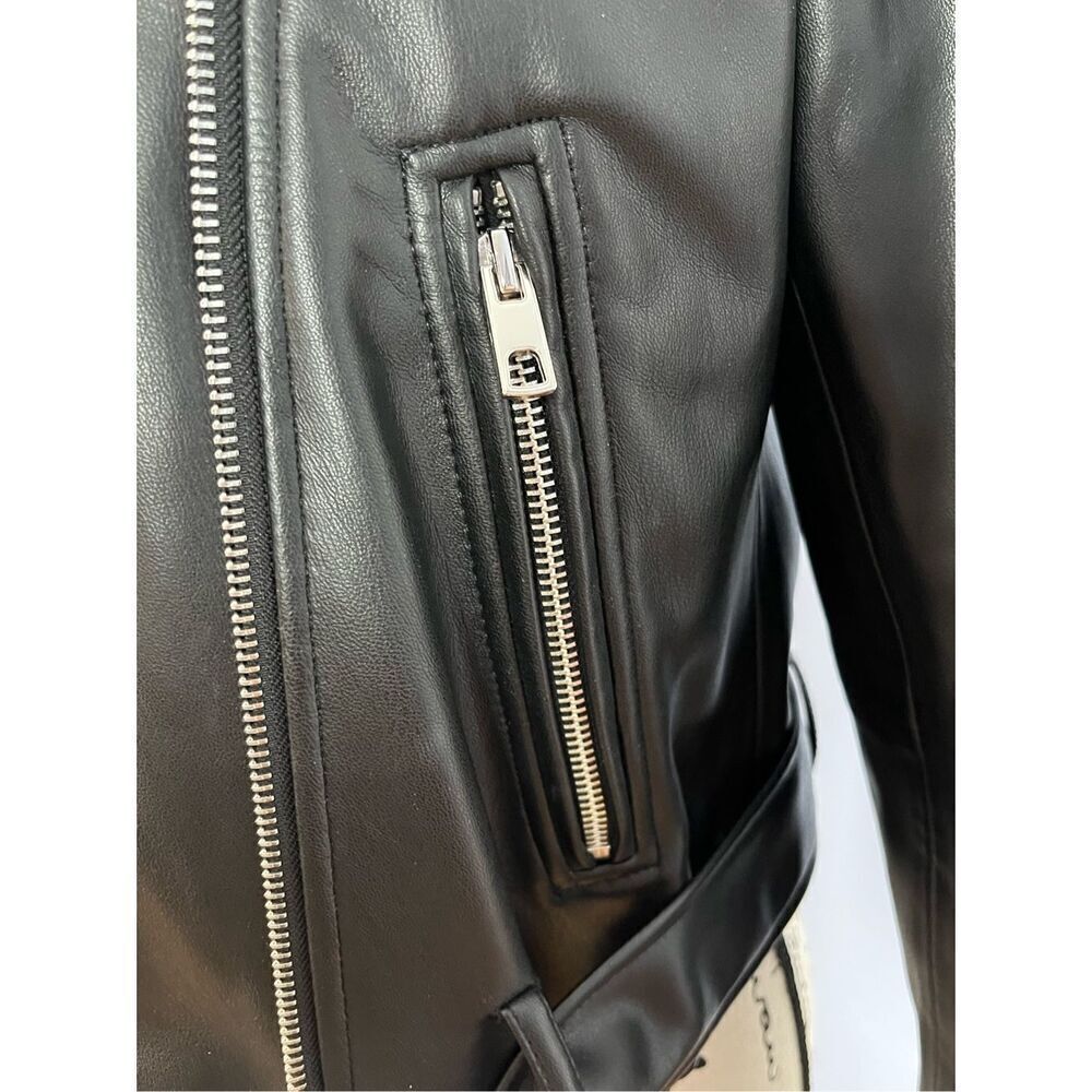 Zara US Medium Black Faux Leather Motorcycle Moto Jacket Pockets - Picture 6 of 13